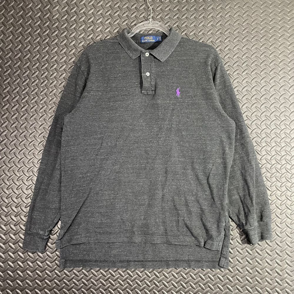 Polo Ralph‎ Lauren Mens Long Sleeve Polo Shirt Gray Cotton Purple Pony Size L